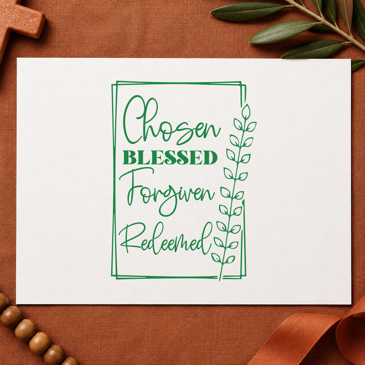 Chosen Blessed Forgiven Redeemed craft stamp imprint in green ink on a handmade project, one idea being bookmark crafts.