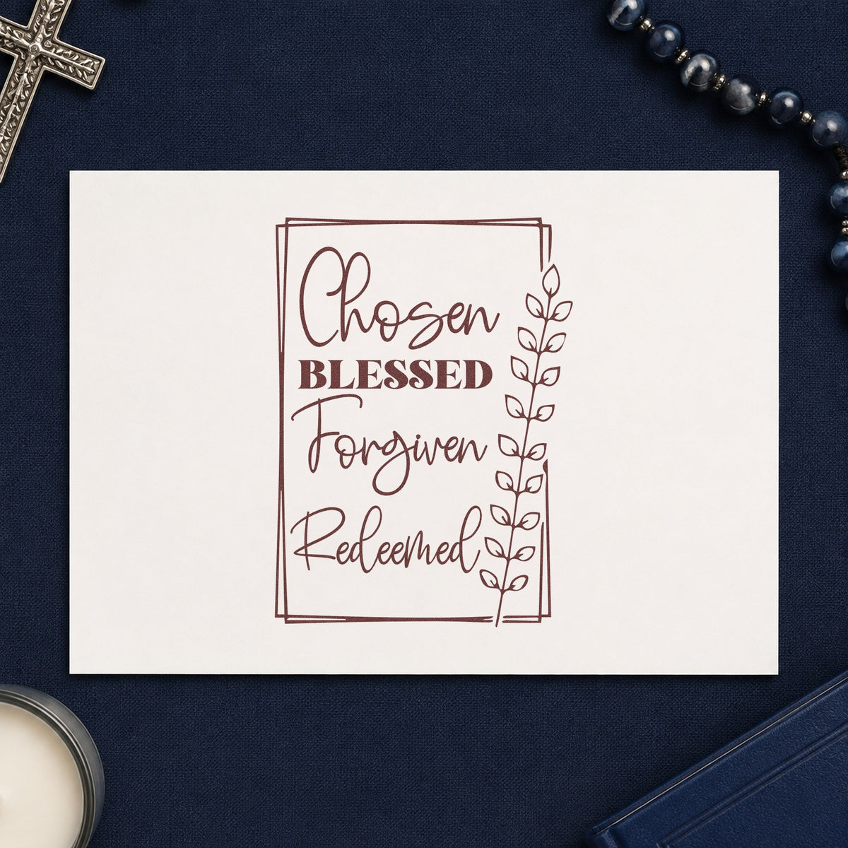 Chosen Blessed Forgiven Redeemed rubber stamp printed in brown ink, ready for faith journey pages and similar paper crafts.