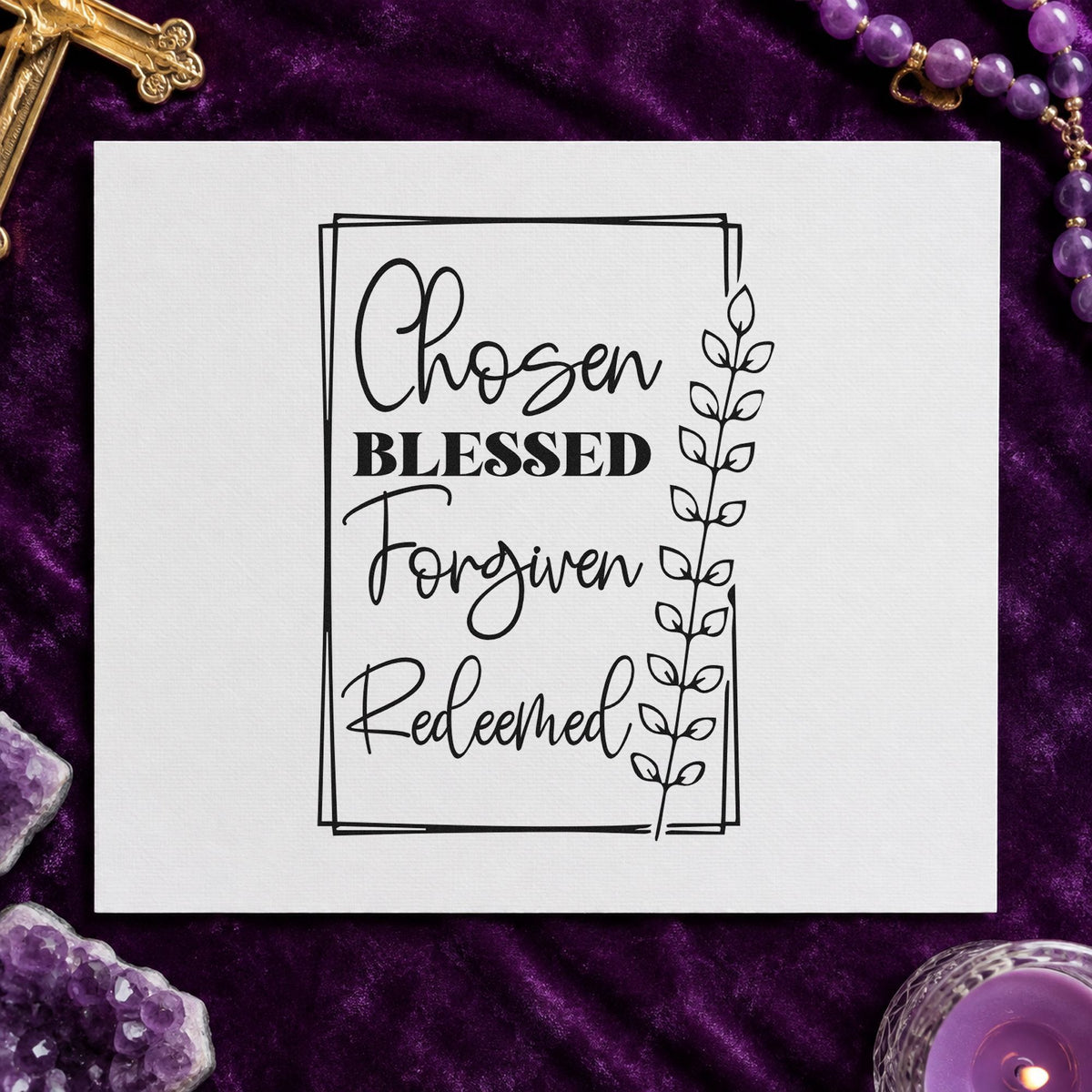 Chosen Blessed Forgiven Redeemed rubber stamp printed in black ink, ready for identity word cards and similar paper crafts.