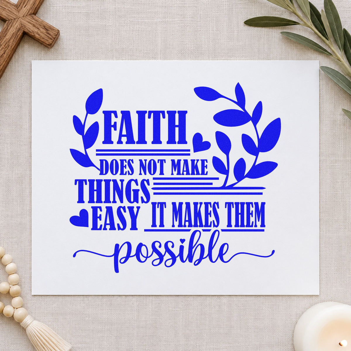 Faith Makes Possible Leaves craft stamp imprinted in blue ink on paper, a design suited to garden seed favors.