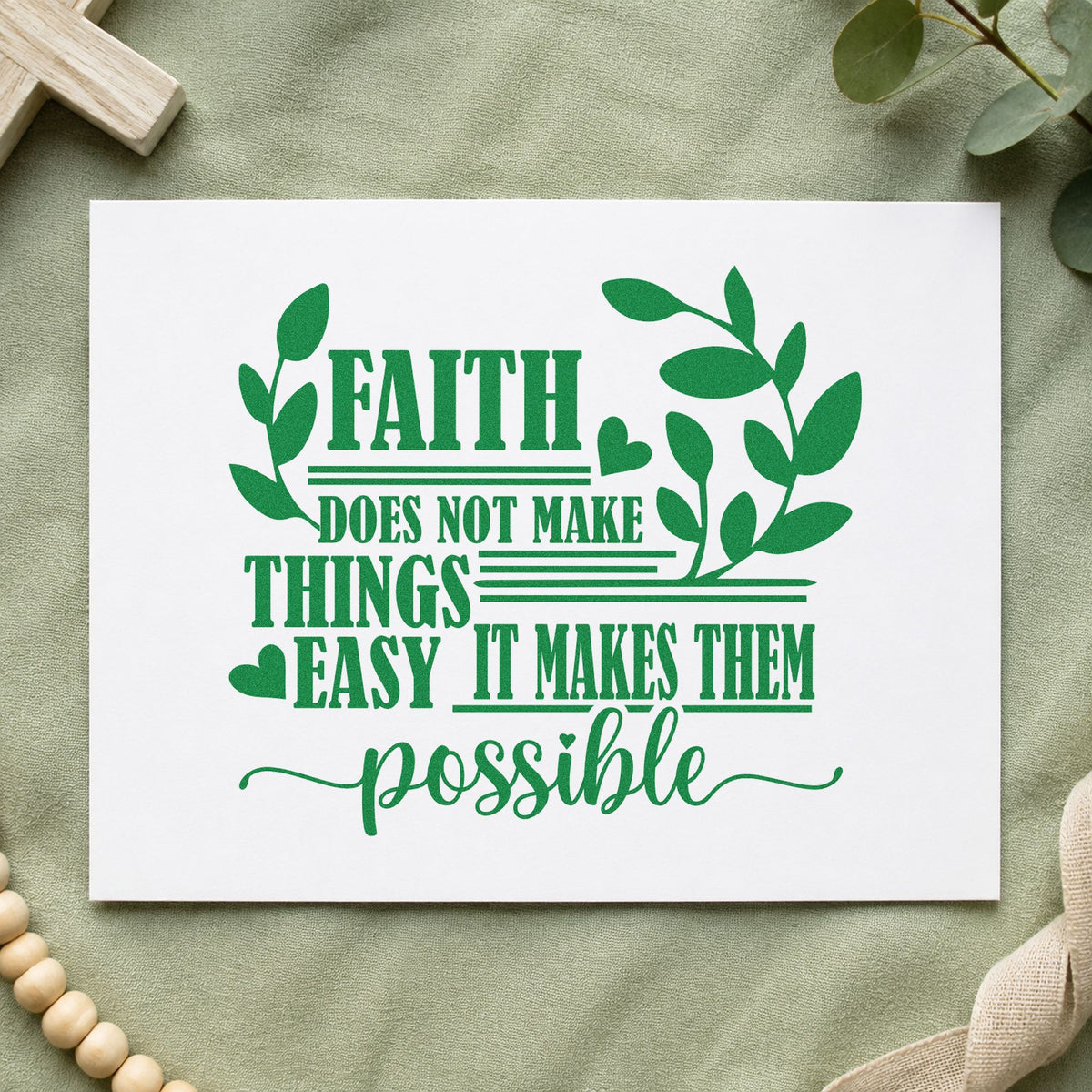 Faith Makes Possible Leaves craft stamp imprint in green ink on a handmade project, one idea being framed kitchen art.