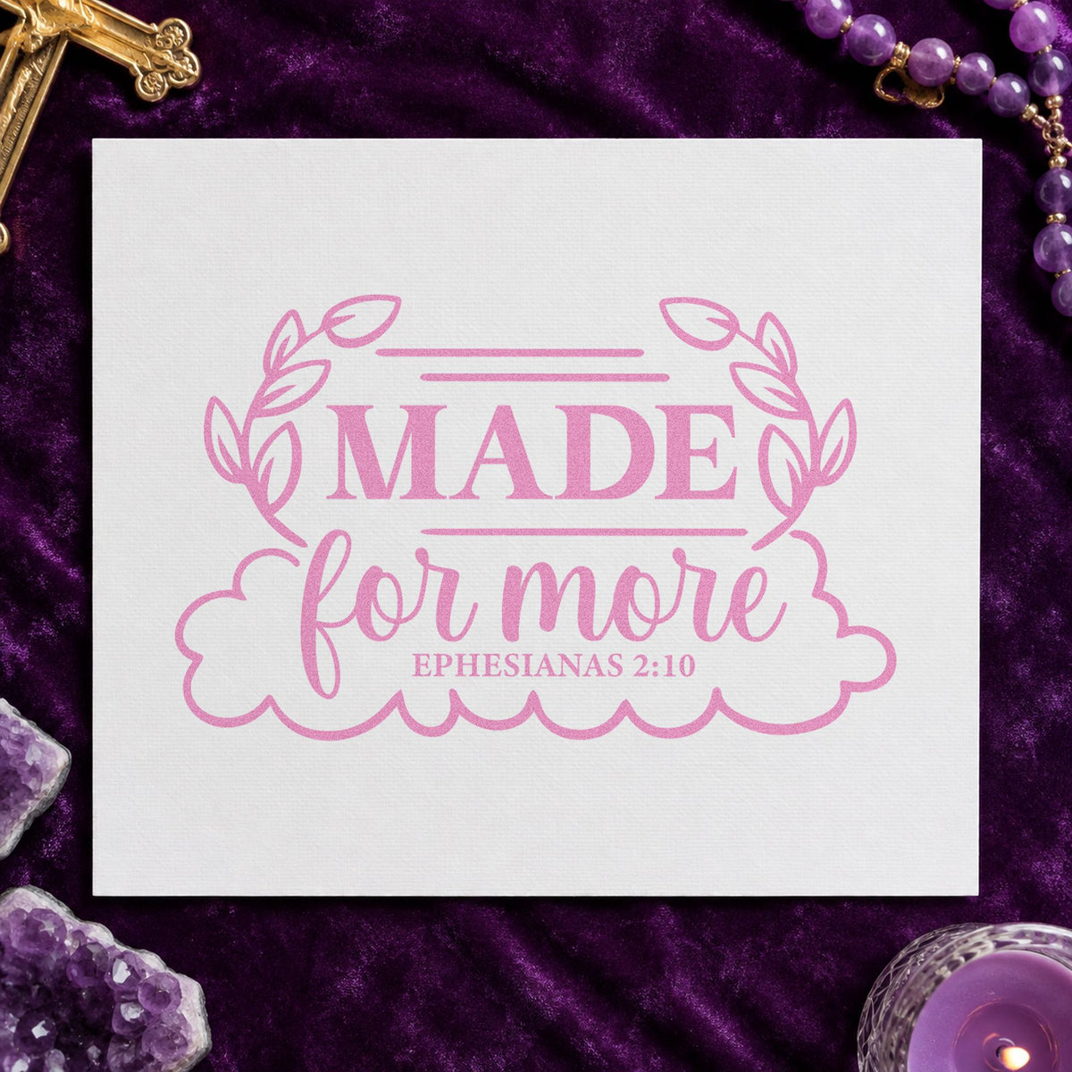 Made for More Leaf Frame craft stamp in purple ink on cardstock, an easy option for scholarship notes.