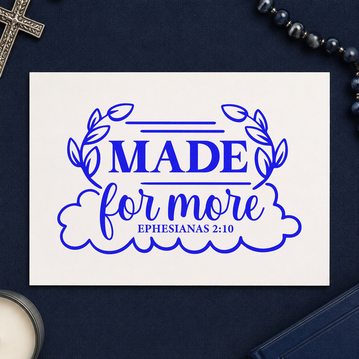 Made for More Leaf Frame craft stamp in blue ink on cardstock, an easy option for canvas totes.