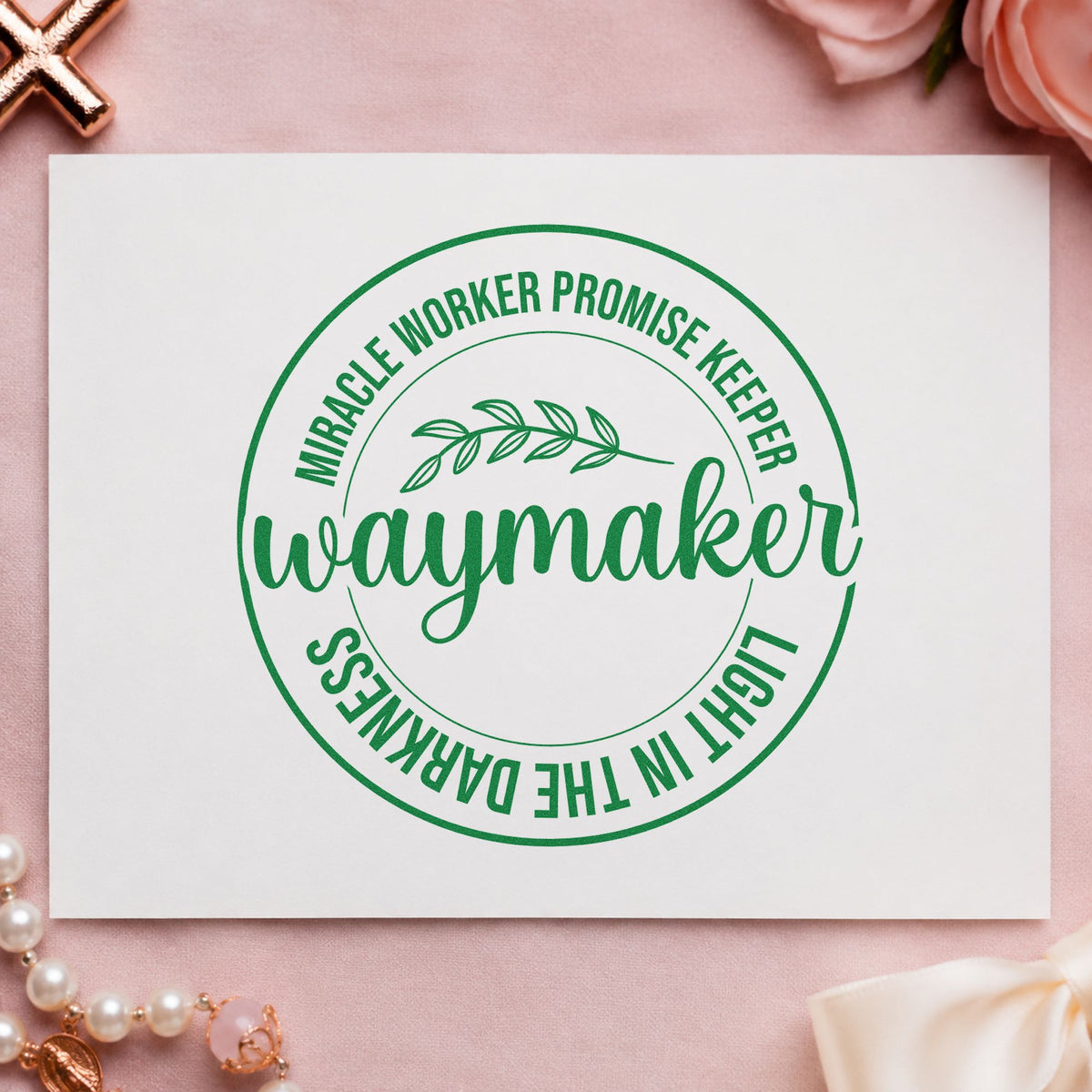 Waymaker Leaf Badge craft stamp imprint in green ink on a handmade project, one idea being framed wall art.