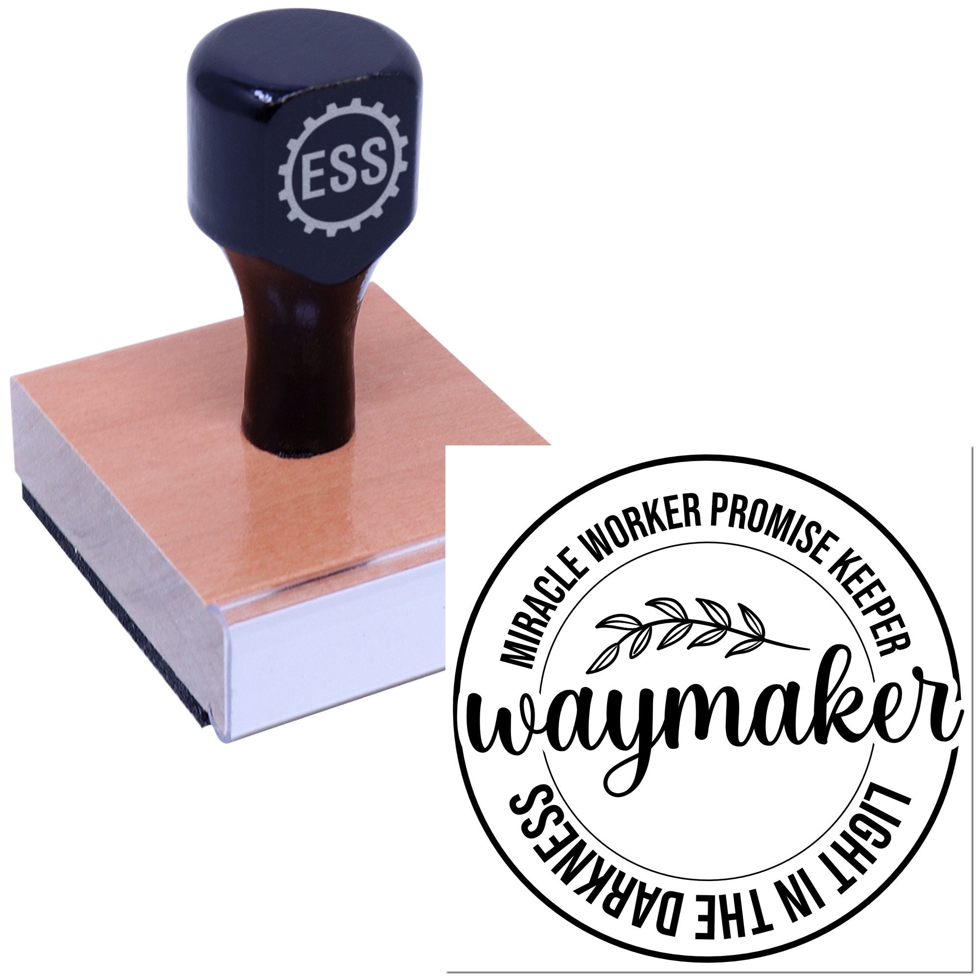 Dark blue ESS rubber stamp on a pink seal block beside a black circular Waymaker seal design.