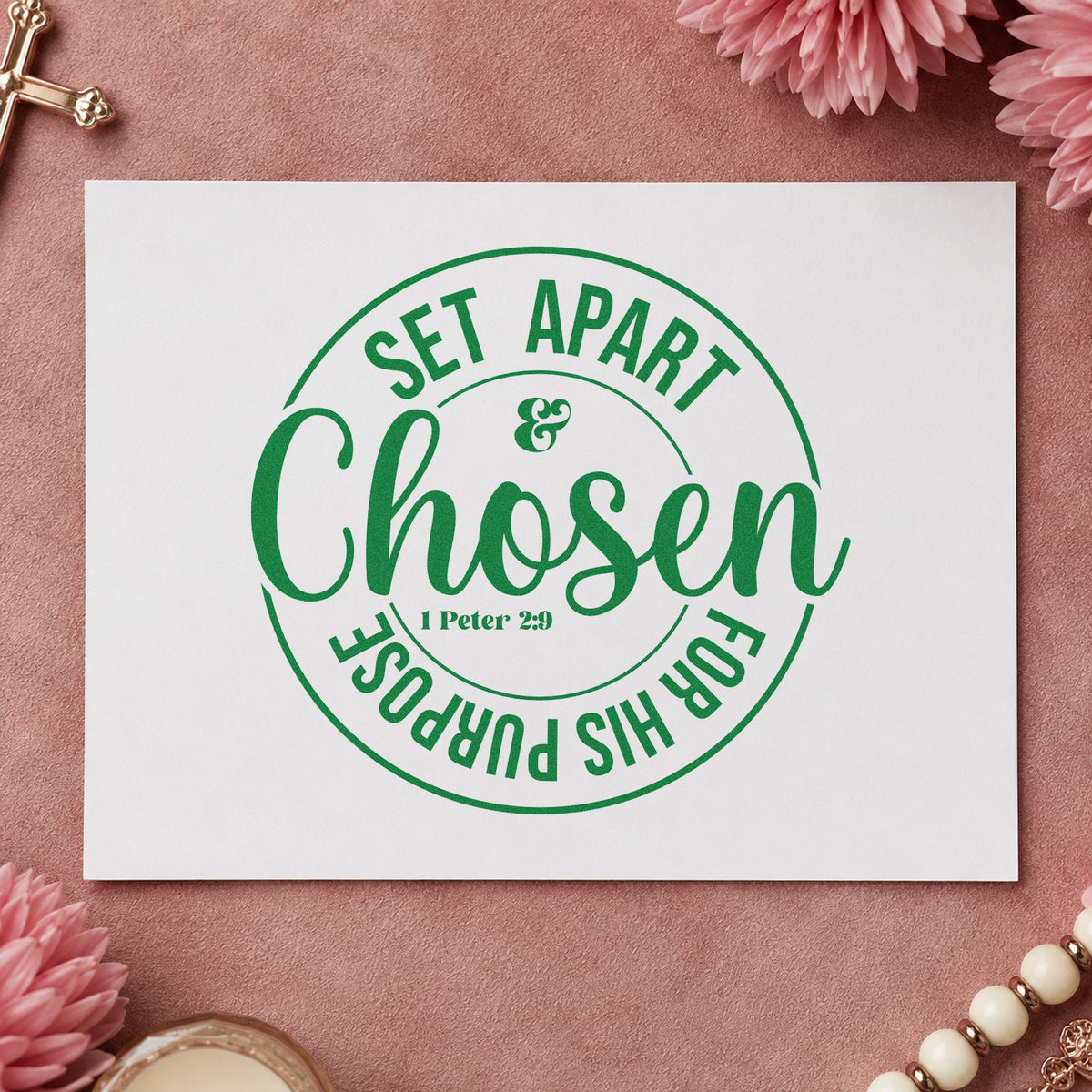 Chosen Set Apart Circle craft stamp imprint in green ink on a handmade project, one idea being framed office art.