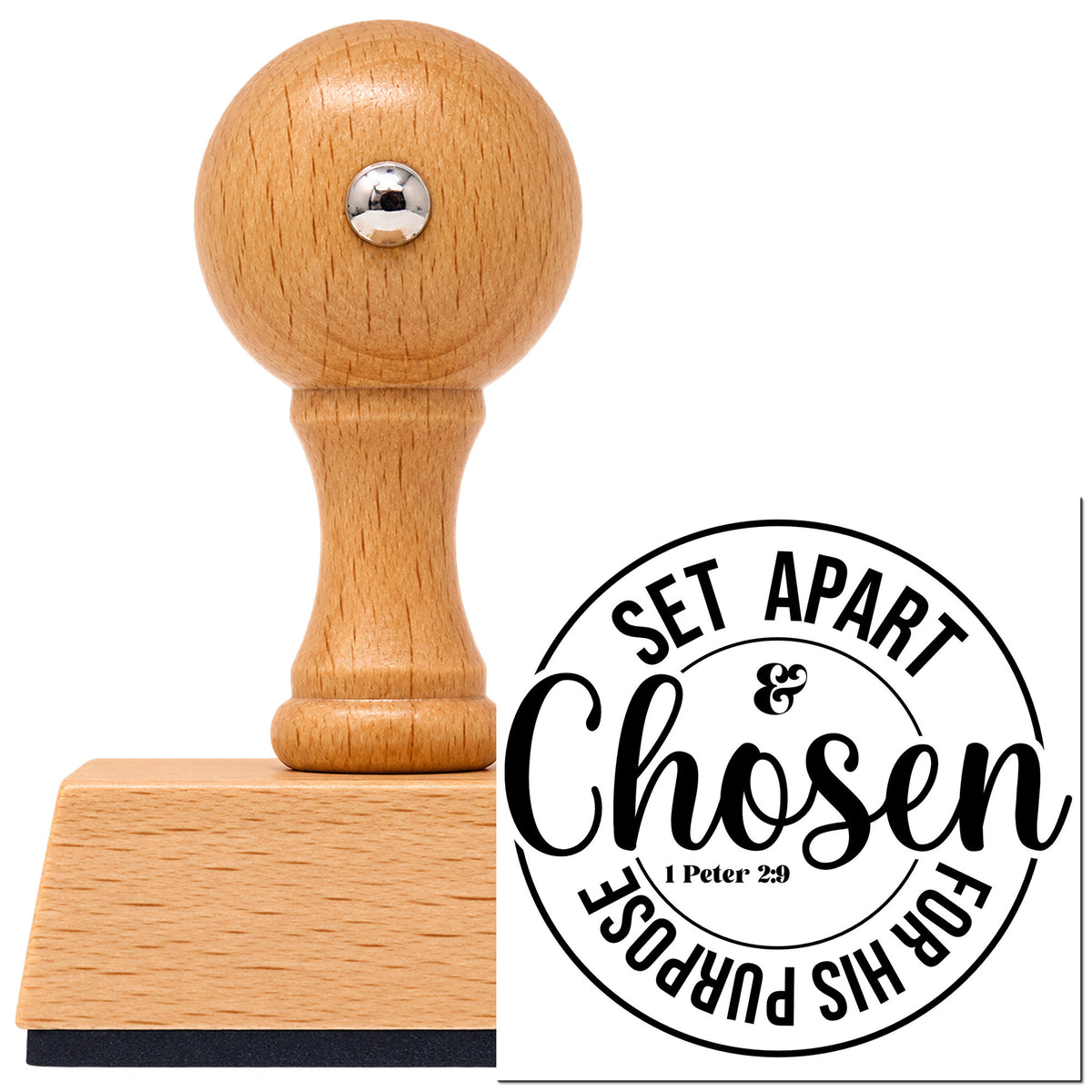 Vintage Pro beech wood stamp with a round knob handle, shown with its black Set Apart & Chosen For His Purpose imprint on white.