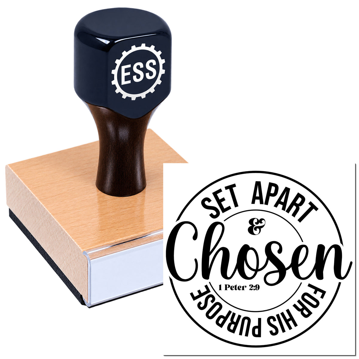 Black ESS stamp on a pink mounting block beside a circular black seal reading "Set Apart Chosen."
