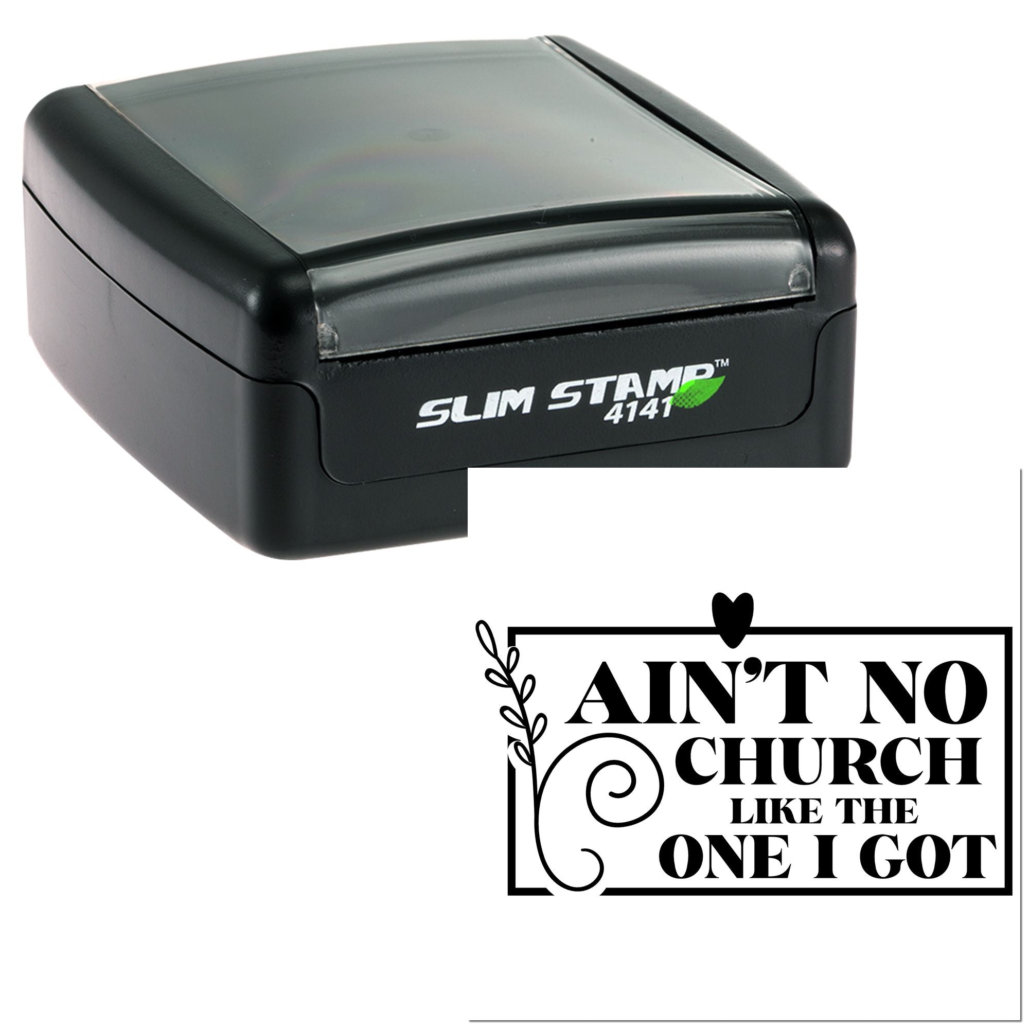 Black Slim Stamp 4141 self-inking stamp and custom seal with decorative church quote design on white background.