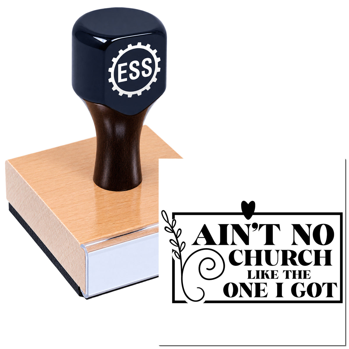 Black ESS stamp on a tan wooden block beside a black church quote seal with heart and vine border.