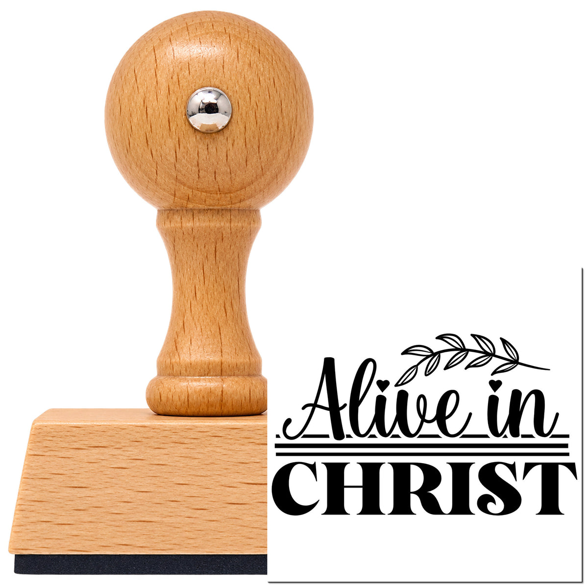 Vintage Pro beech wood stamp with a round knob handle, shown with its black Alive In Christ imprint on white.