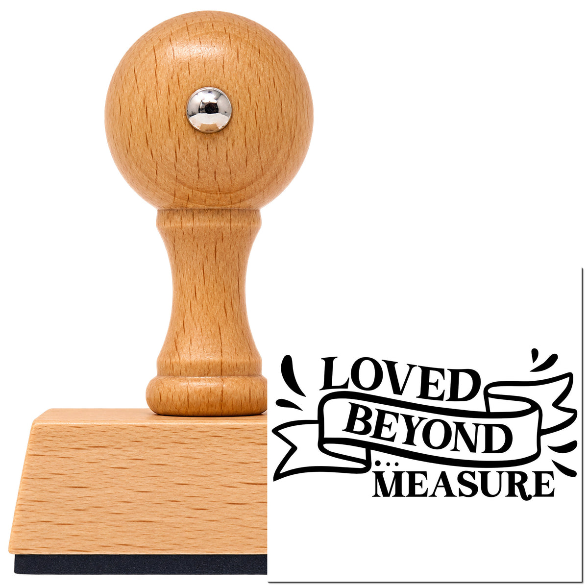 Vintage Pro beech wood stamp with a round knob handle, shown with its black Loved Beyond Measure Ribbon Word Art imprint on white.