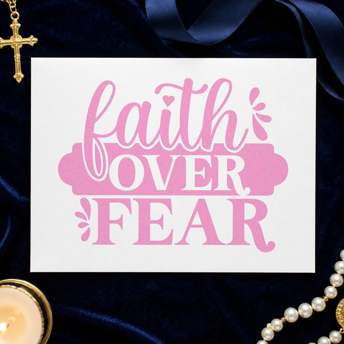 Faith over Fear Banner craft stamp in purple ink on cardstock, an easy option for scuba class gifts.