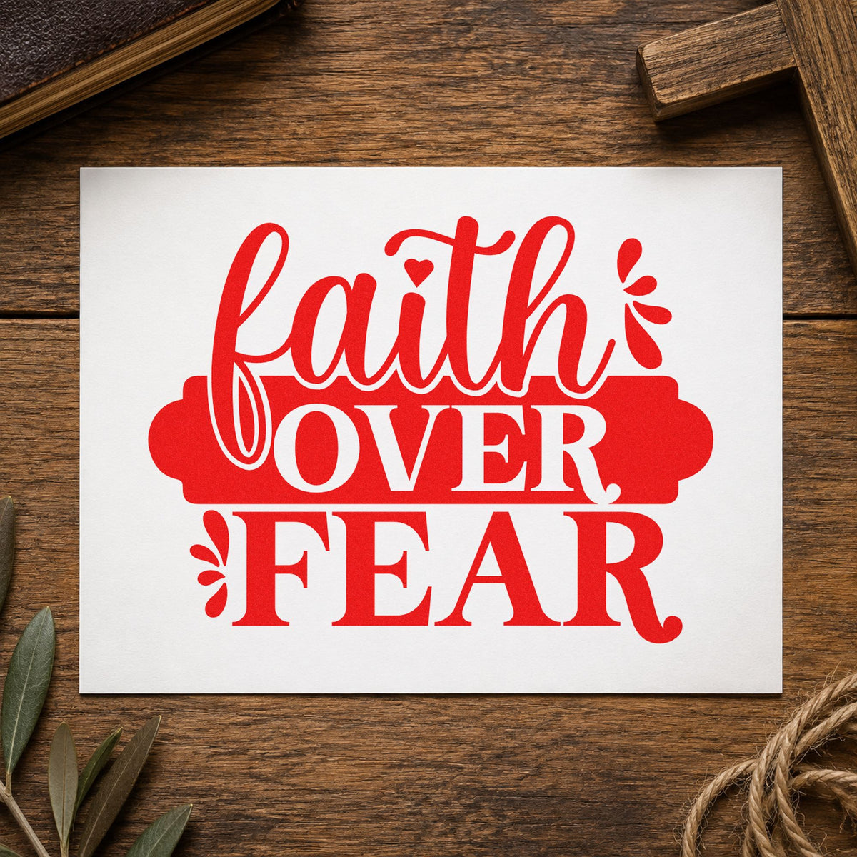 Faith over Fear Banner rubber stamp shown in red ink, stamped for projects such as mission trip tags.