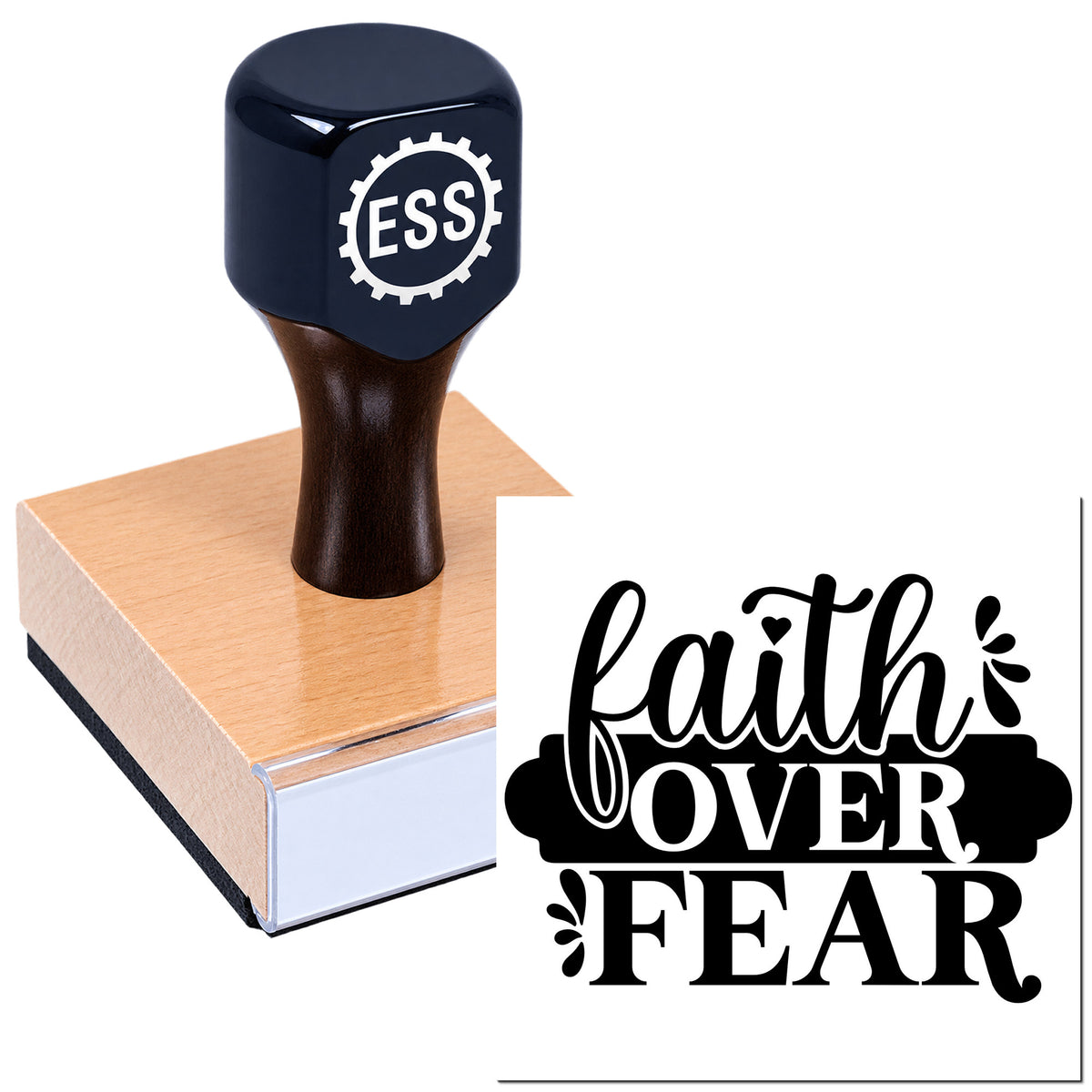 Dark blue ESS self-inking stamp on a wood block beside a black-and-white "faith over fear" seal design.