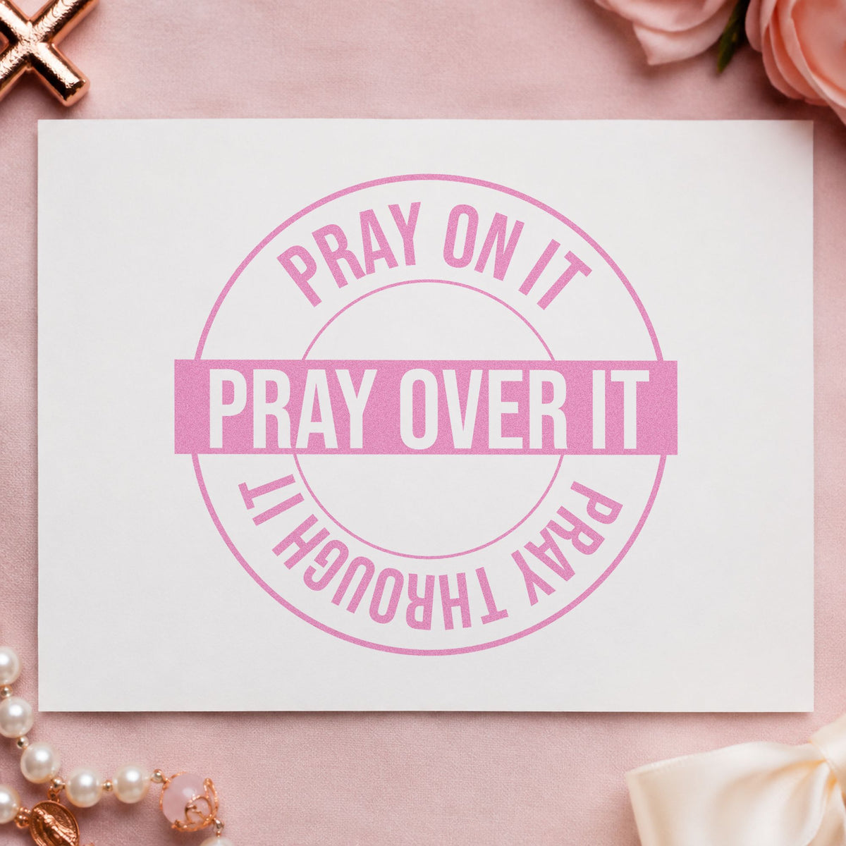 Pray on over Through Circle craft stamp in purple ink on cardstock, an easy option for round label seals.