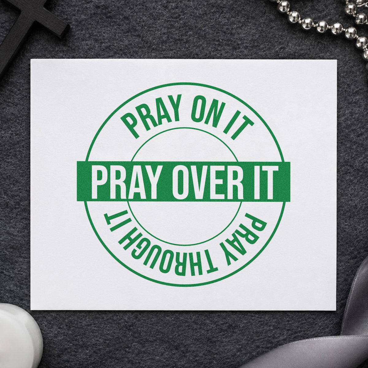 Pray on over Through Circle craft stamp imprint in green ink on a handmade project, one idea being small group handouts.