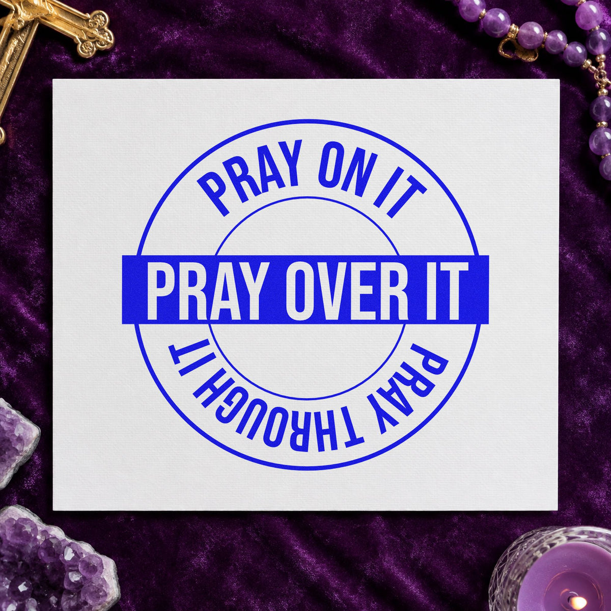 Pray on over Through Circle craft stamp in blue ink on cardstock, an easy option for coasters.