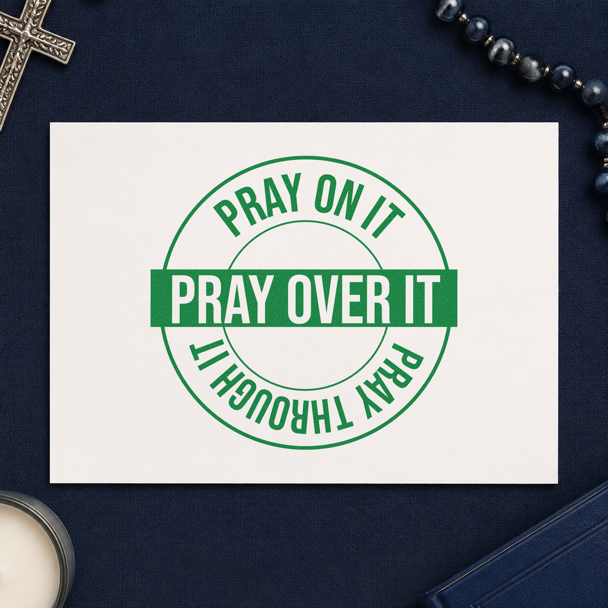 Pray on over Through Circle craft stamp imprint in green ink on a handmade project, one idea being journal cover stamping.