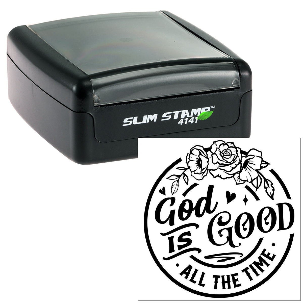 Black Slim Stamp self-inking seal with floral God Is Good design in black and white.
