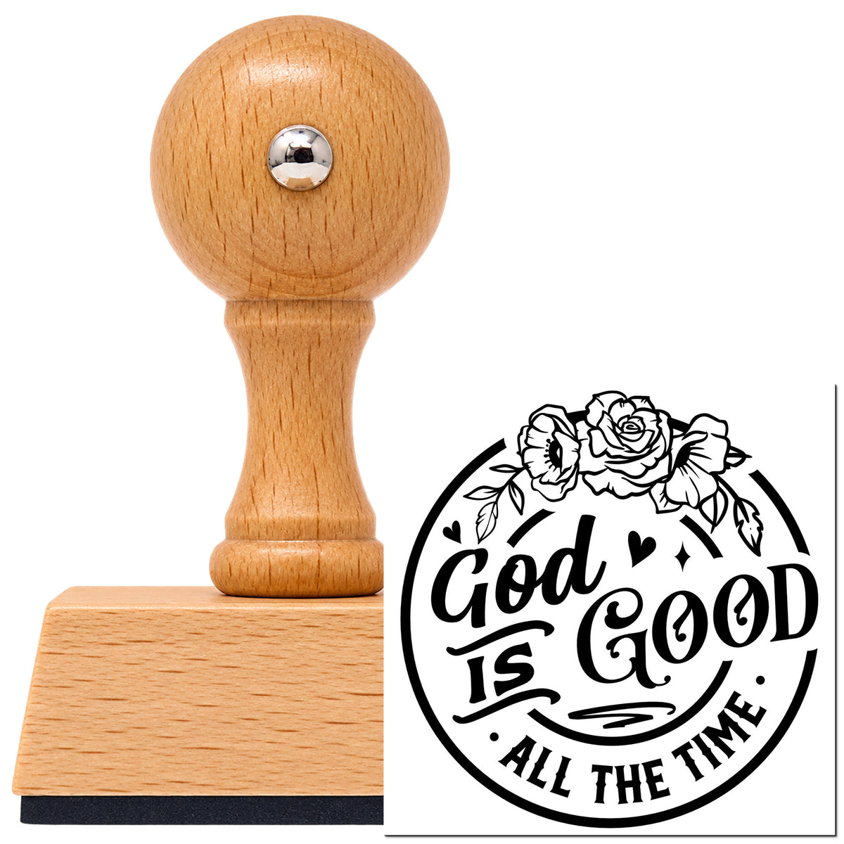 Vintage Pro beech wood stamp with a round knob handle, shown with its black God Is Good Floral Badge imprint on white.