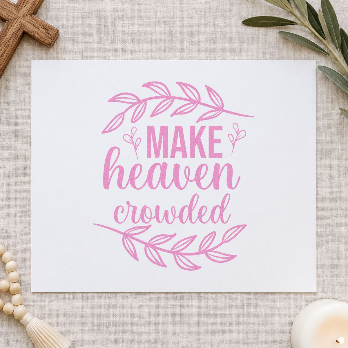 Make Heaven Crowded Leaves craft stamp in purple ink on cardstock, an easy option for missionary support gifts.