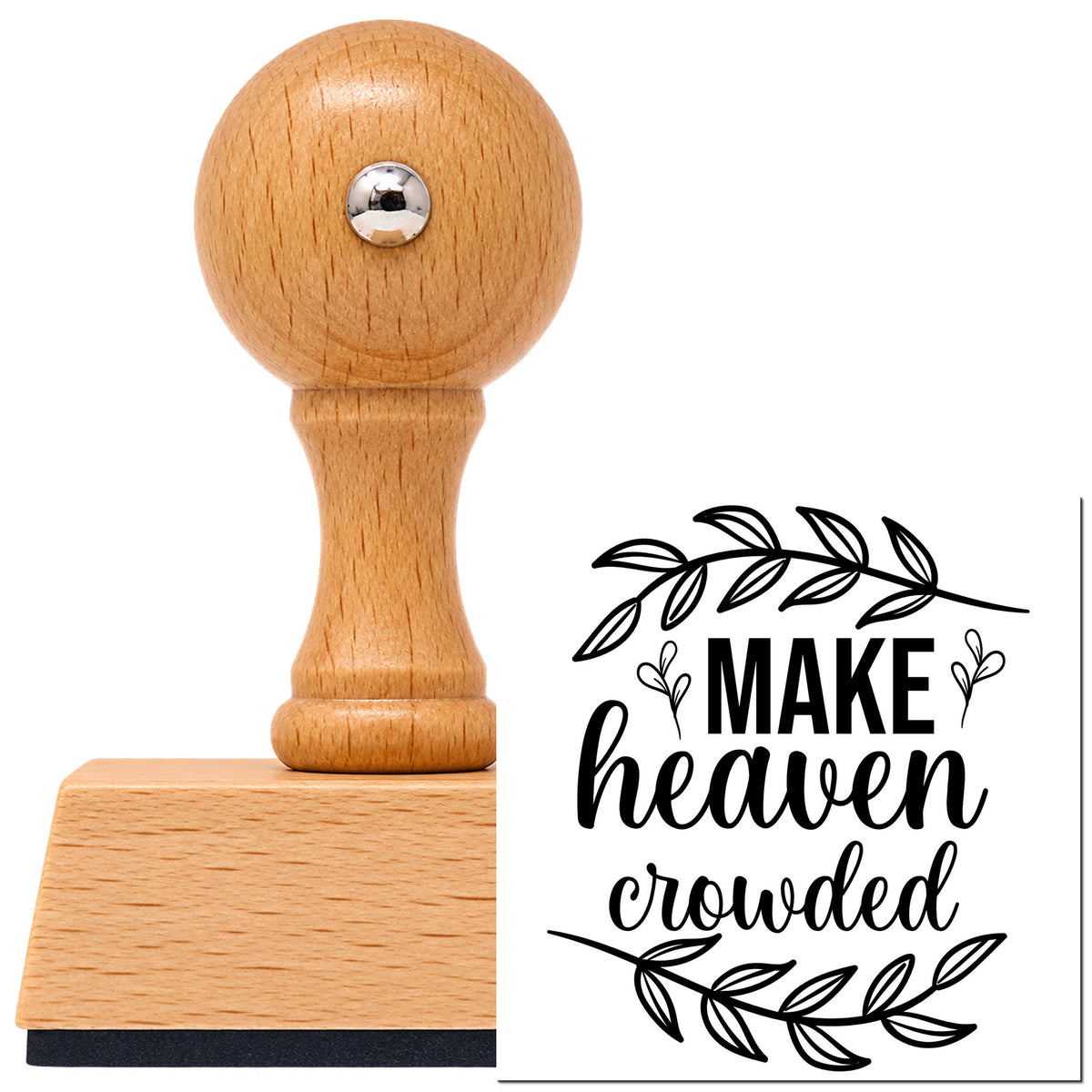 Vintage Pro beech wood stamp with a round knob handle, shown with its black Make Heaven Crowded Leaves imprint on white.