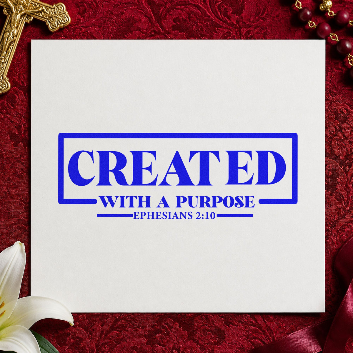 Created with a Purpose Box craft stamp imprinted in blue ink on paper, a design suited to small business tags.