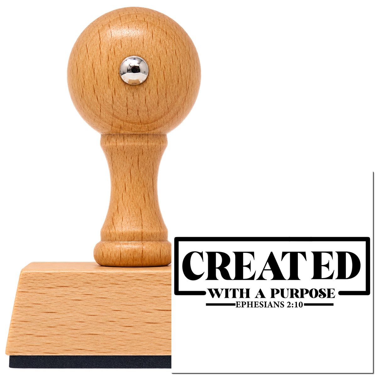 Vintage Pro beech wood stamp with a round knob handle, shown with its black Created With A Purpose Box imprint on white.