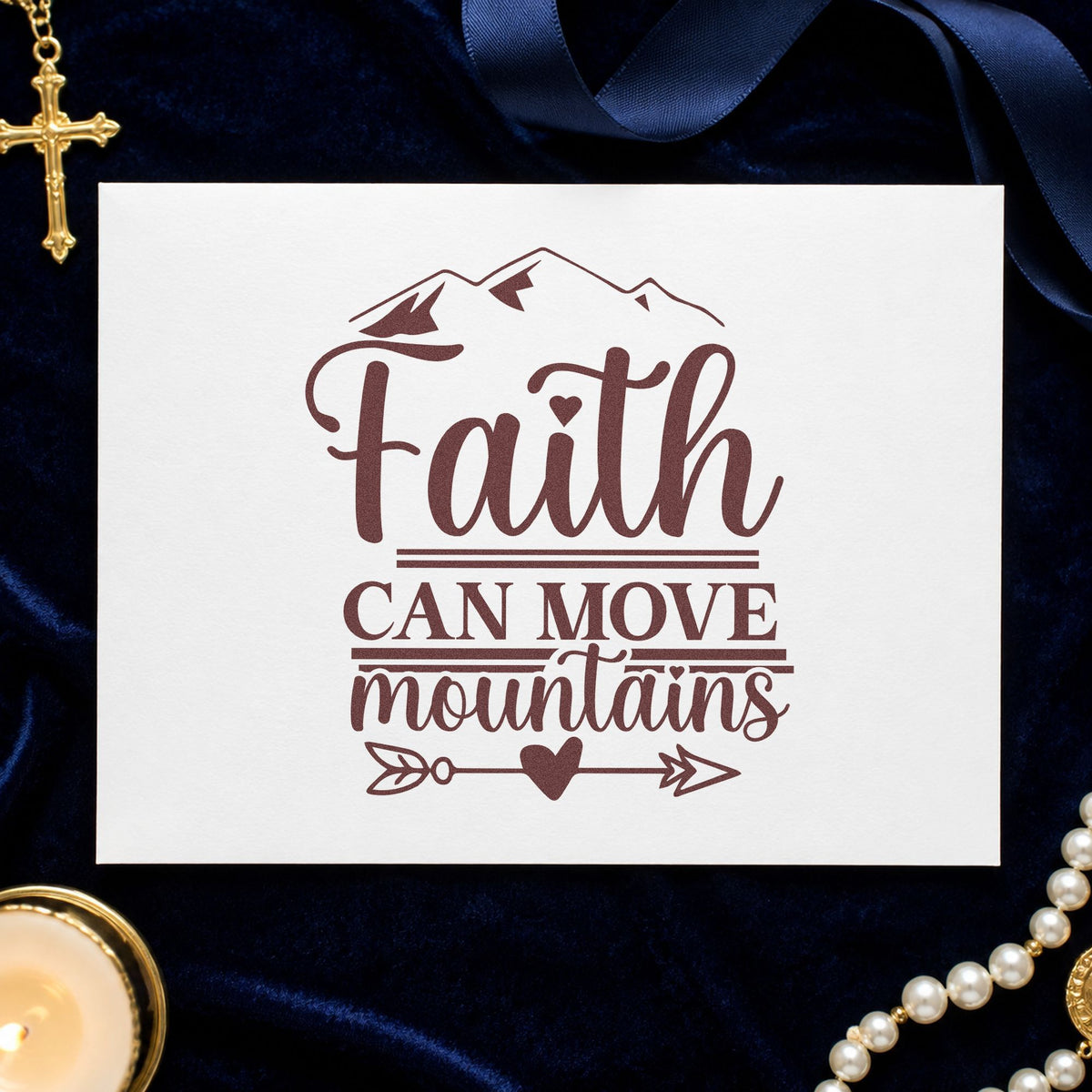 Faith Moves Mountains Heart Arrow rubber stamp printed in brown ink, ready for summit pages and similar paper crafts.