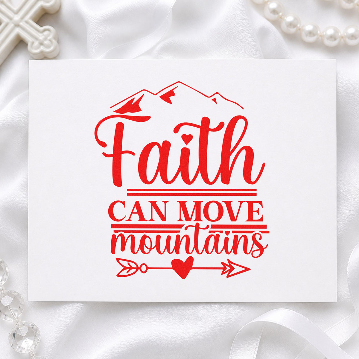 Faith Moves Mountains Heart Arrow rubber stamp shown in red ink, stamped for projects such as ski lodge gifts.