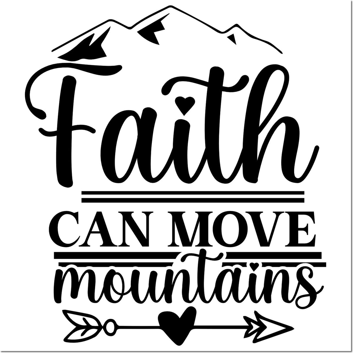 Black faith can move mountains stamp or seal design with mountain outline, heart accents, and arrow motif