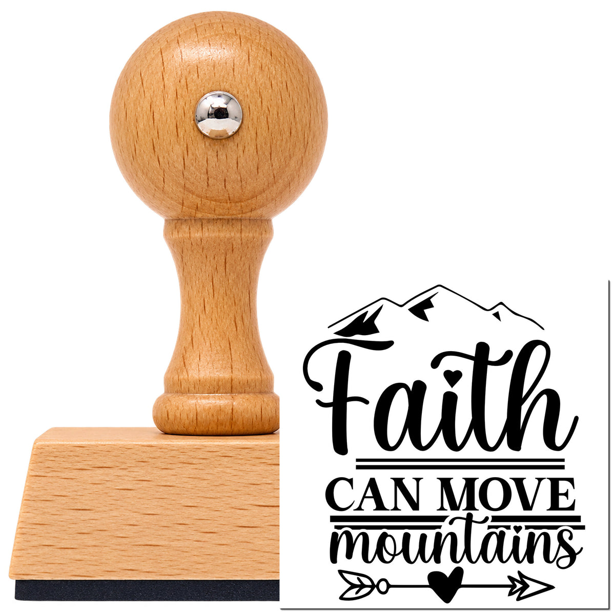 Vintage Pro beech wood stamp with a round knob handle, shown with its black Faith Moves Mountains Heart Arrow imprint on white.