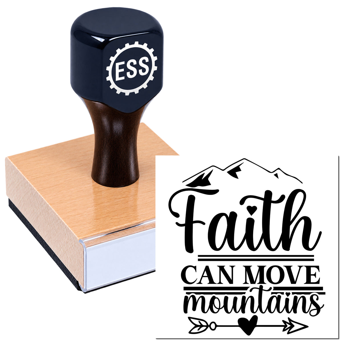 Navy ESS rubber stamp on peach wooden base with black "faith can move mountains" seal design.
