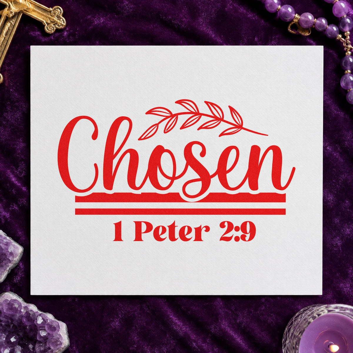 Chosen Leaf Script rubber stamp shown in red ink, stamped for projects such as journal cover stamping.