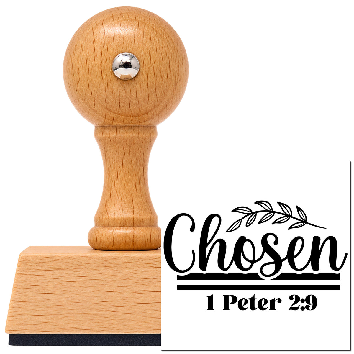 Vintage Pro beech wood stamp with a round knob handle, shown with its black Chosen Leaf Script imprint on white.