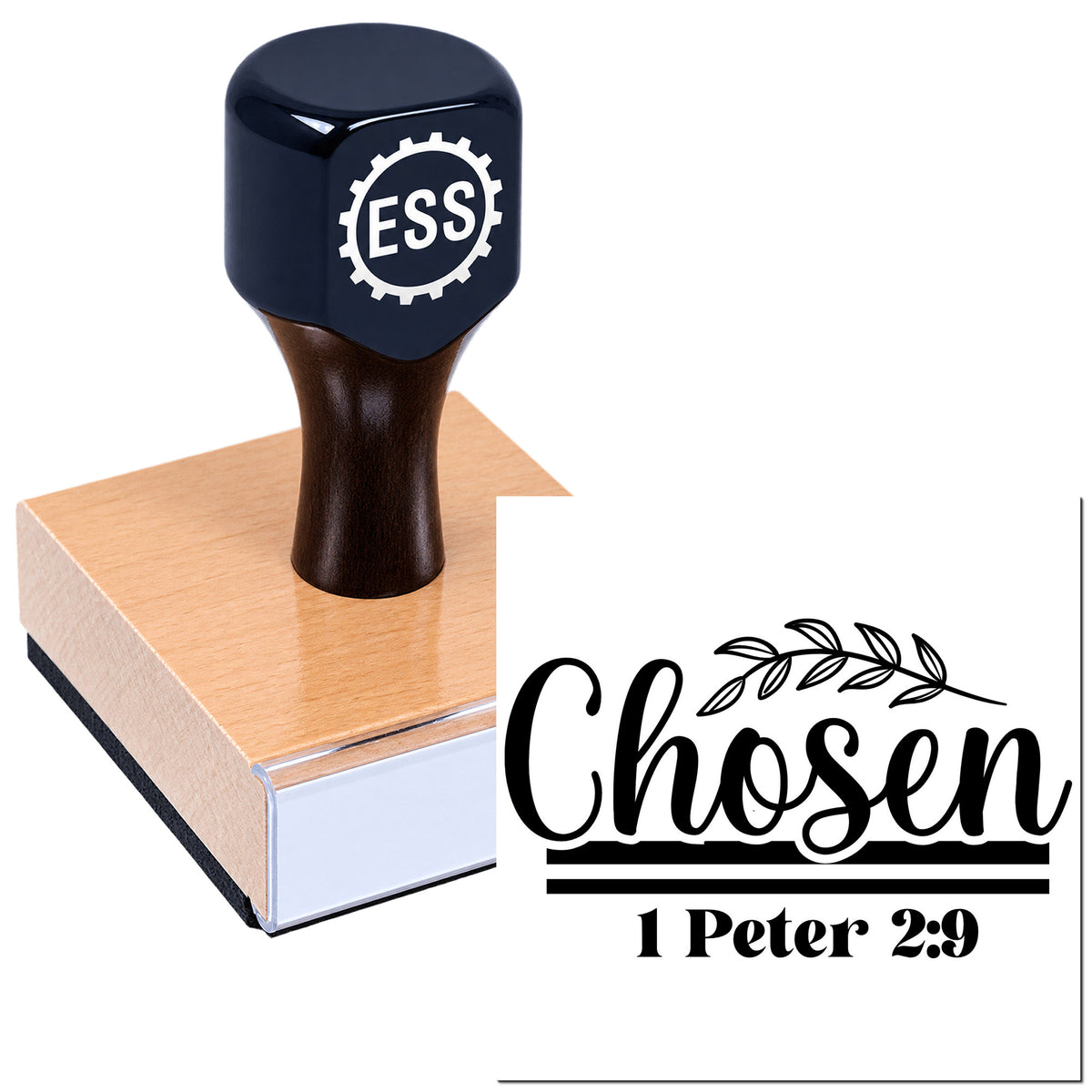 Black custom stamp with ESS logo on a pink wooden base, displaying a "Chosen" seal design and 1 Peter 2:9 text.