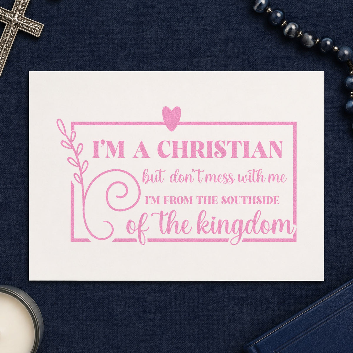 Christian Southside Leaf Frame craft stamp in purple ink on cardstock, an easy option for birthday gift tags.