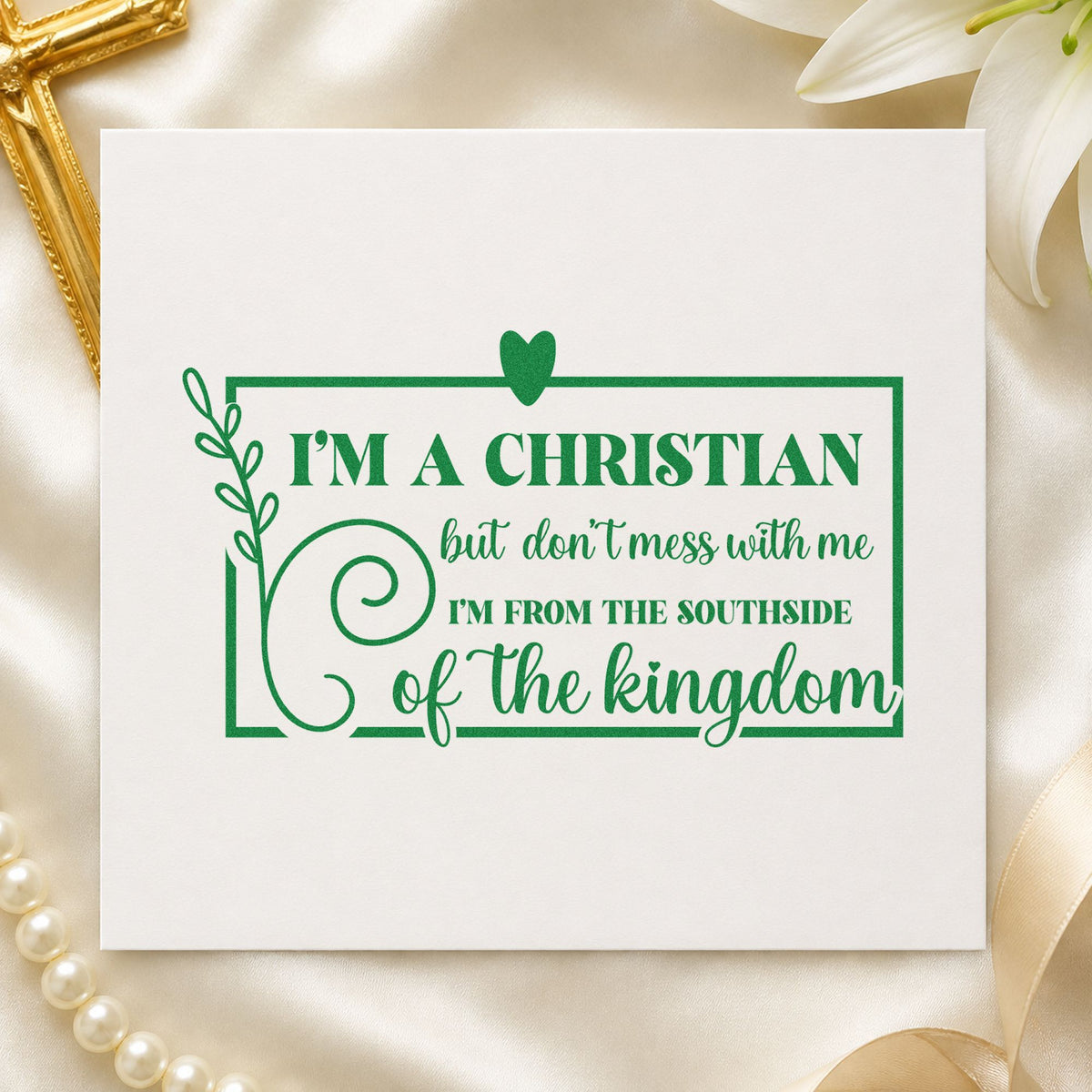 Christian Southside Leaf Frame craft stamp imprint in green ink on a handmade project, one idea being statement tees.
