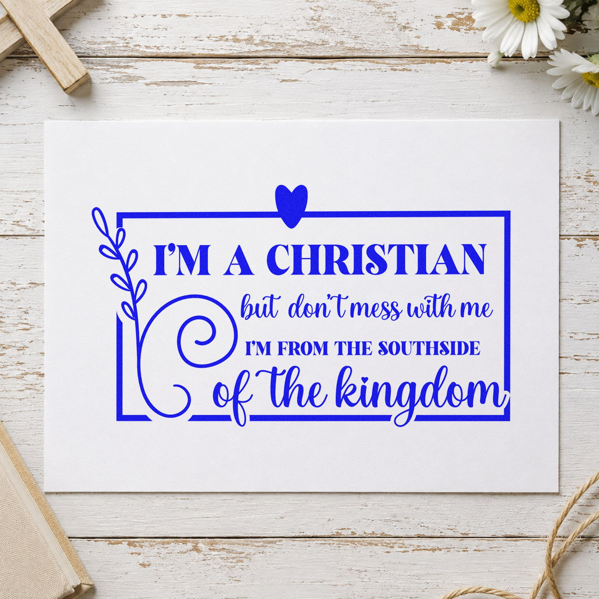 Christian Southside Leaf Frame craft stamp in blue ink on cardstock, an easy option for canvas totes.