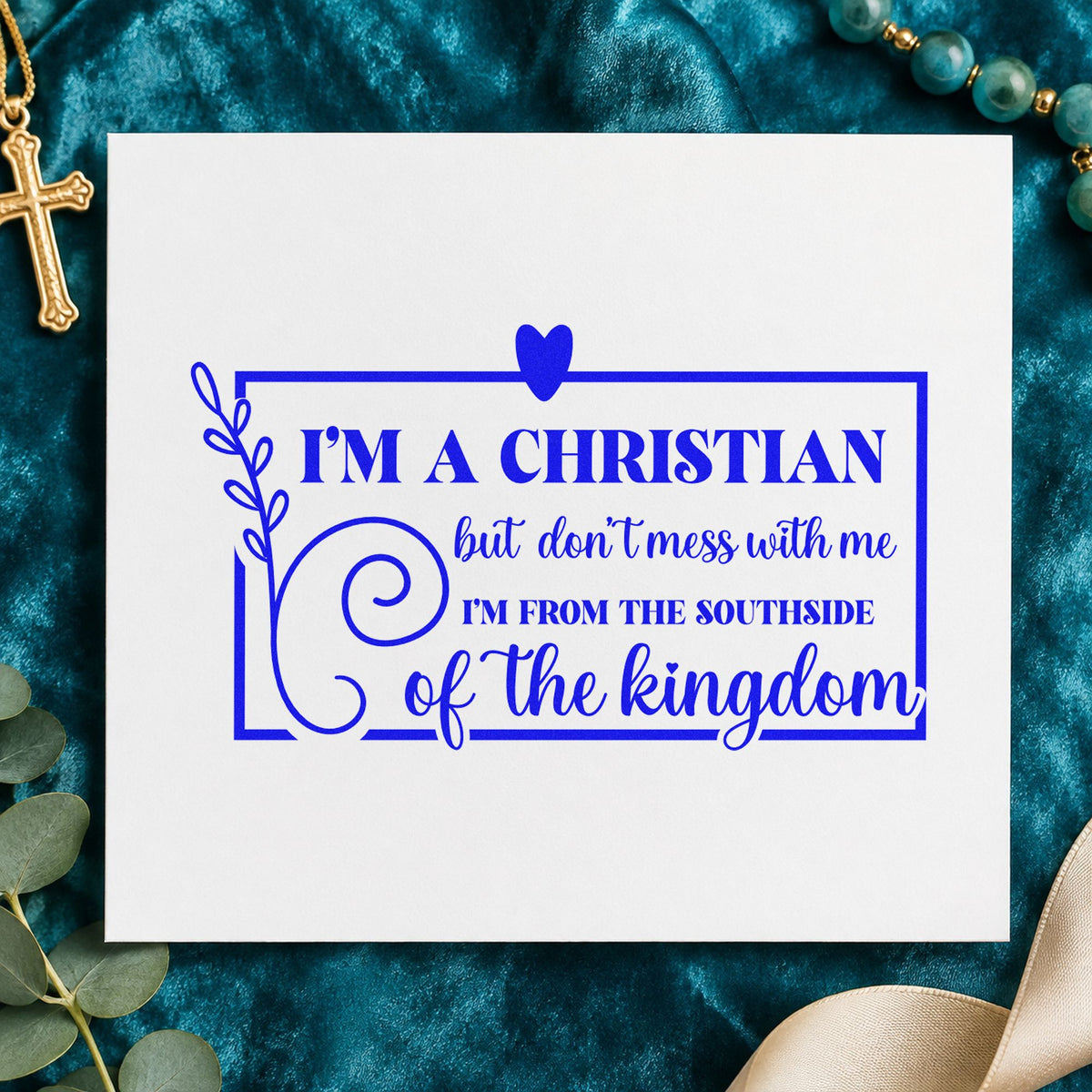 Christian Southside Leaf Frame craft stamp imprinted in blue ink on paper, a design suited to coffee mug labels.