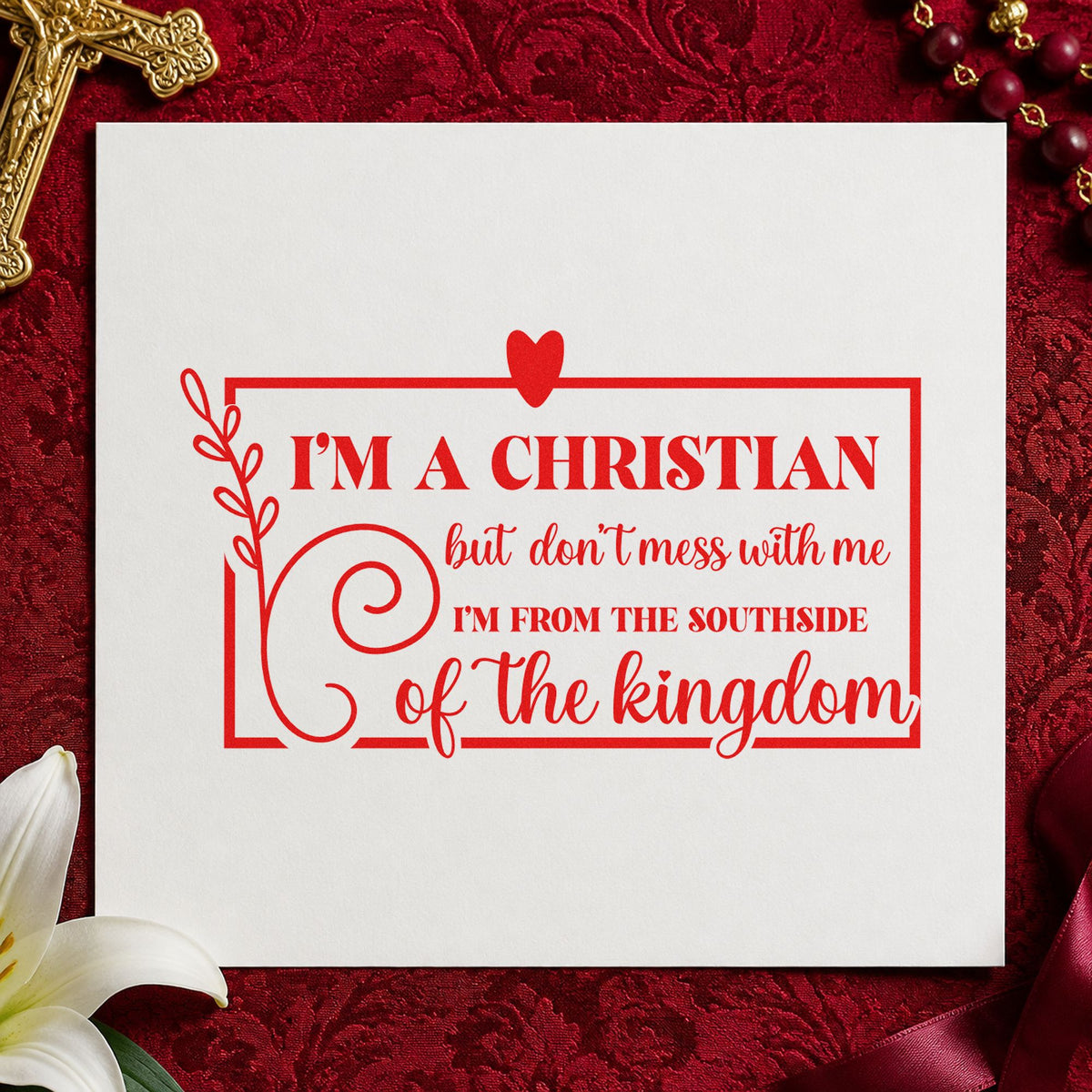 Christian Southside Leaf Frame rubber stamp shown in red ink, stamped for projects such as girls' trip luggage.