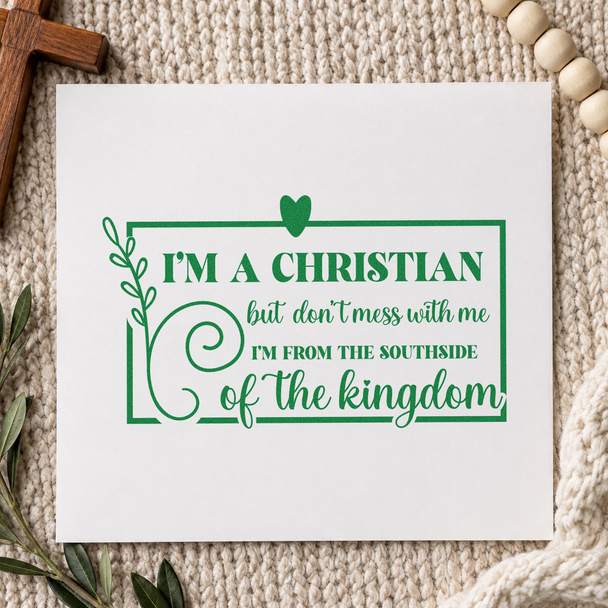 Christian Southside Leaf Frame craft stamp imprint in green ink on a handmade project, one idea being fridge magnets.
