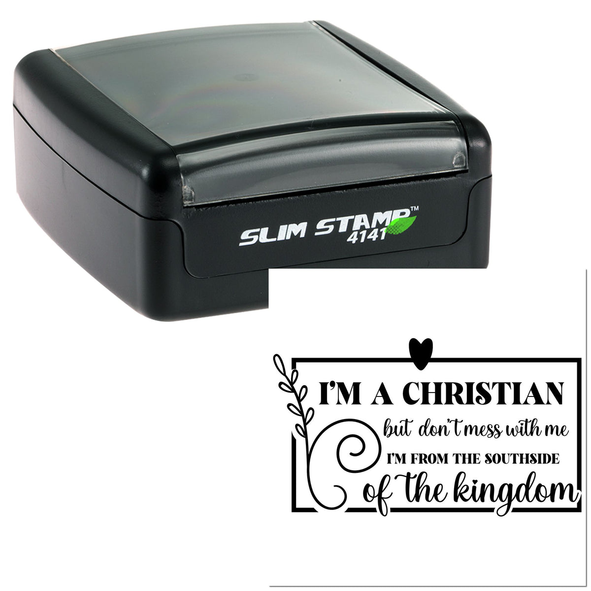 Black slim self-inking stamp with gray top and Christian seal design, black frame, heart, and leafy accents on white background.