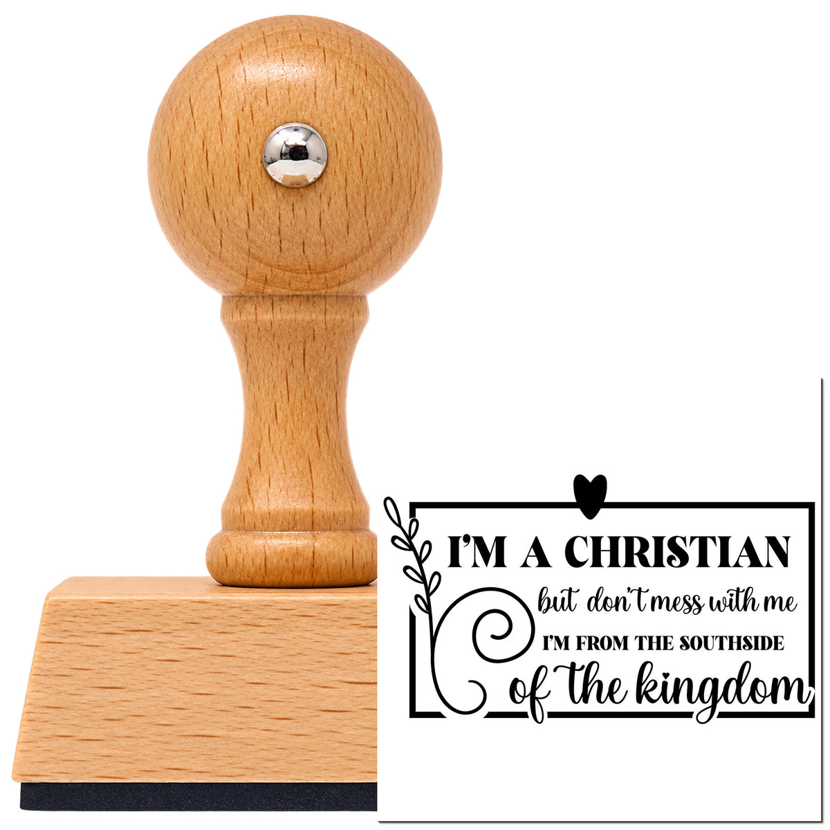 Vintage Pro beech wood stamp with a round knob handle, shown with its black Christian Southside Leaf Framed Lettering imprint on white.