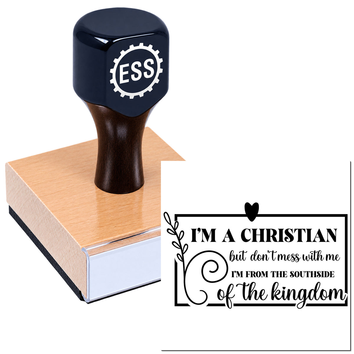 Black rubber stamp and seal with wooden base, featuring a Christian quote in bold decorative lettering.