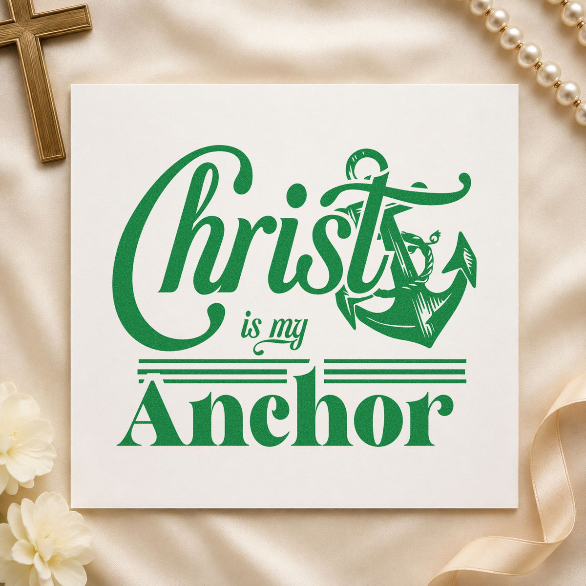 Christ Is My Anchor craft stamp imprint in green ink on a handmade project, one idea being nautical wedding favors.