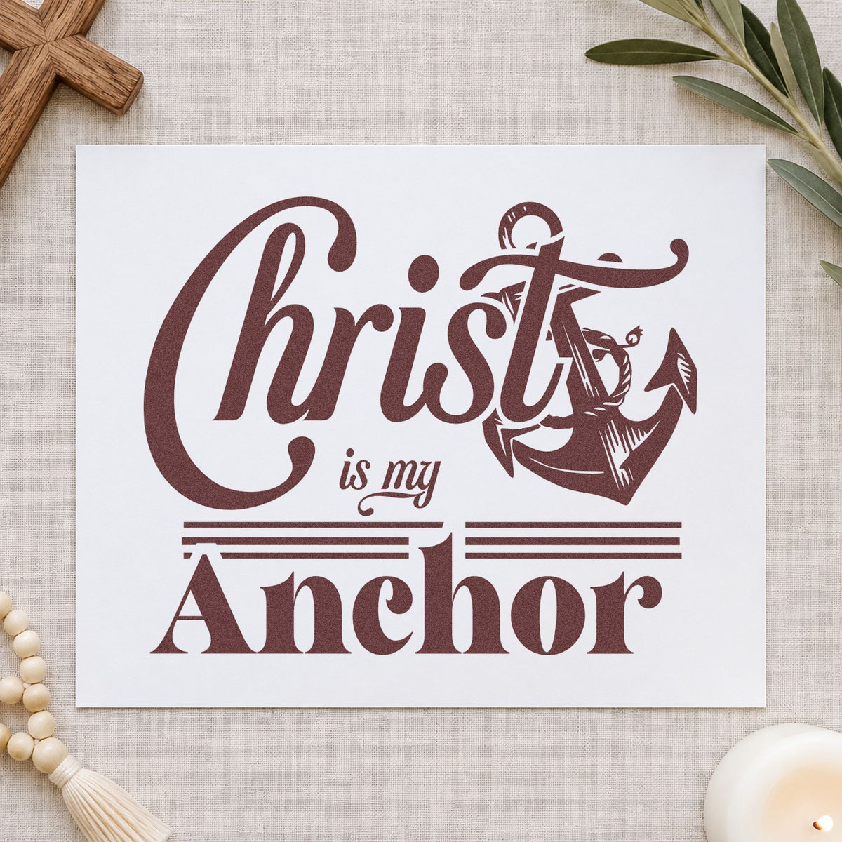 Christ Is My Anchor rubber stamp printed in brown ink, ready for coastal pages and similar paper crafts.