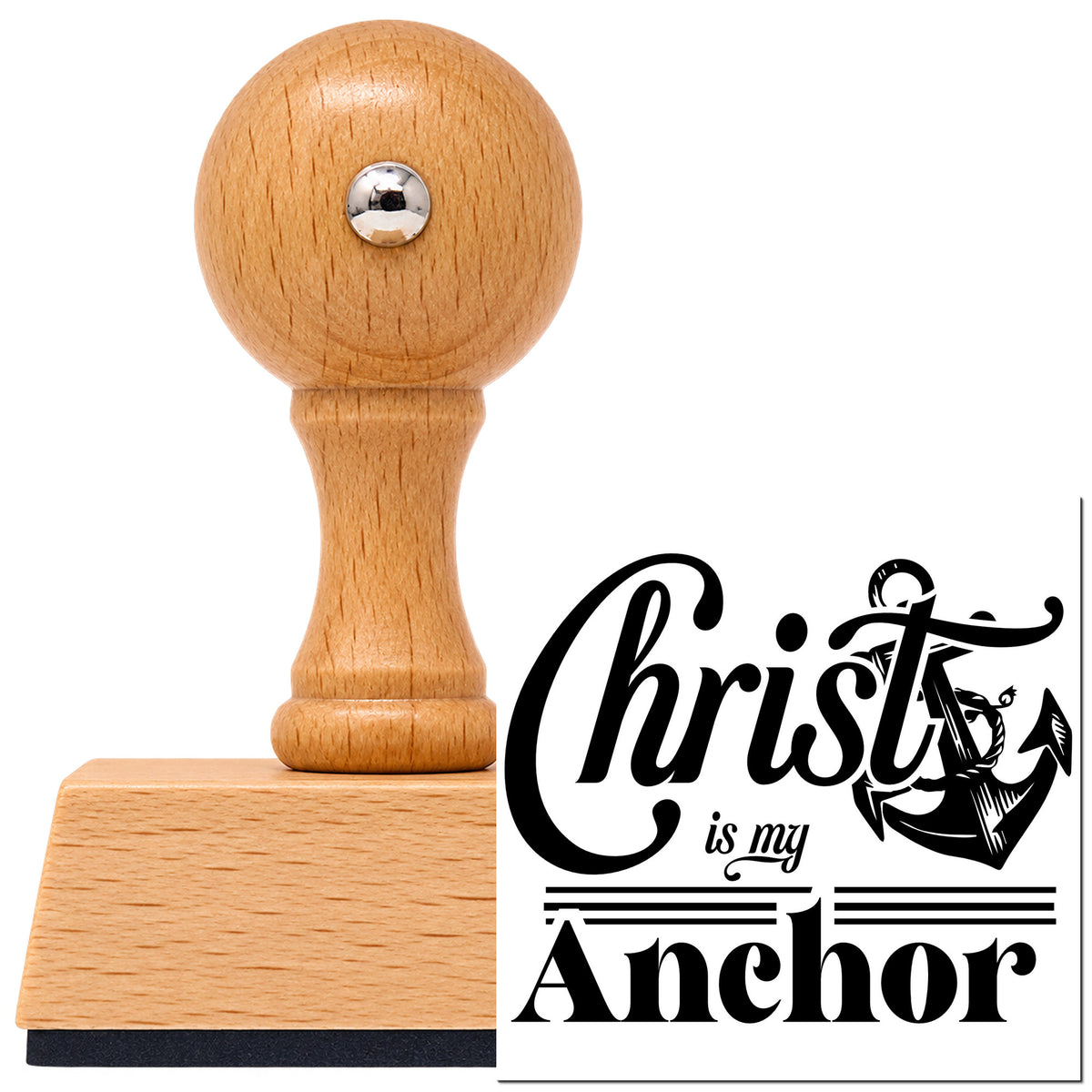 Vintage Pro beech wood stamp with a round knob handle, shown with its black Christ Is My Anchor imprint on white.