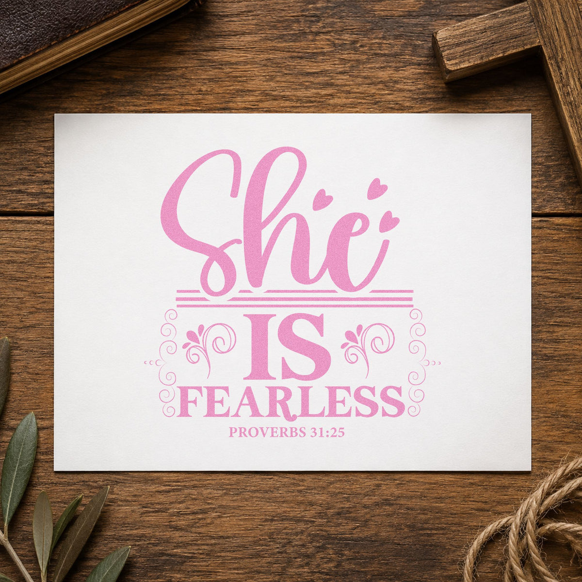 She Is Fearless craft stamp in purple ink on cardstock, an easy option for female pilot gifts.